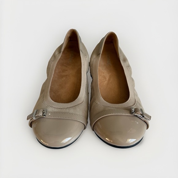 Vionic Shoes - Vionic Neva Women's US 9 Taupe Suede Patent Cap Toe Buckle Ballet Flats
